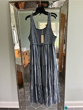 Roolee Blue and White Gingham Tiered Maxi Dress